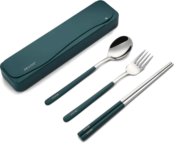 DEVICO 4-Piece Travel Utensils Set, 18/8 Stainless Steel Portable Reusable Camping Silverware with Case (Dark Green)