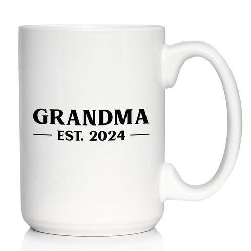 Grandma Est 2024 Coffee Mug Gift for First Time Grandparents, Large 15oz White Ceramic Mug