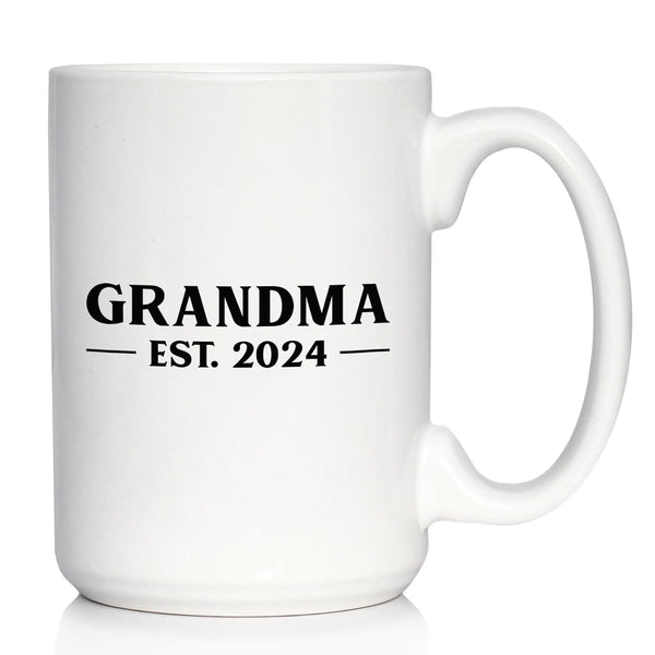 Grandma Est 2024 Coffee Mug Gift for First Time Grandparents, Large 15oz White Ceramic Mug