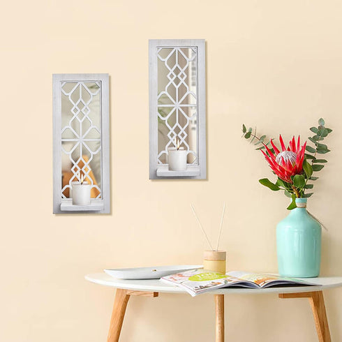 Set 2, Wood Wall Sconce Candle Holder Rustic Wall-Mount Candle Holders, Farmhouse Hanging Wall Dcor, Carved Wood Frame