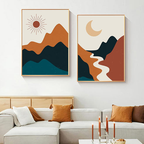 Bankrenart Boho Wall Art Mid Century Abstract Sun and Moon Reiver Landscape Mountain Boho Decor Unframed Canvas Print Wall Art Minimalist Artwork Prints for Living Room Bedroom Office (16"x24"x2)