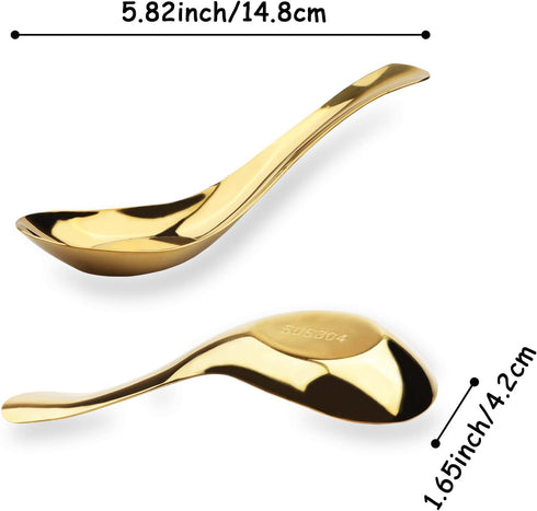 Asian Stainless Steel Soup Spoons Set of 6, Gold Silverware for Ramen, Pho, Wonton, Dumpling Noodles