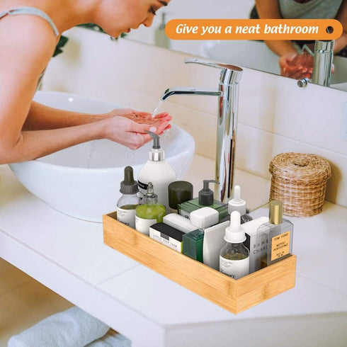 Bathroom Vanity Tray Organizer - Bamboo, Small Wood Tray for Bathroom Counter, Rectangular Toilet Paper Storage, 15" x