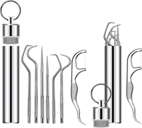 7Pcs Portable Stainless Steel Toothpicks Pocket Set, Reusable Metal Cleaning Kit with Holder for Outdoor Travel