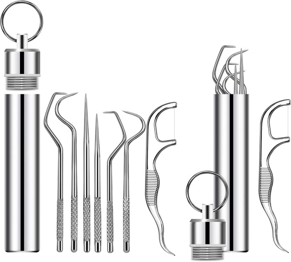7Pcs Portable Stainless Steel Toothpicks Pocket Set, Reusable Metal Cleaning Kit with Holder for Outdoor Travel