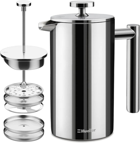 Mueller French Press Coffee Maker, 20oz Stainless Steel, 4 Filter Heat Resistant Double Insulated, Dishwasher Safe