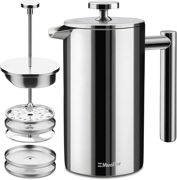 Mueller French Press Coffee Maker, 20oz Stainless Steel, 4 Filter Heat Resistant Double Insulated, Dishwasher Safe