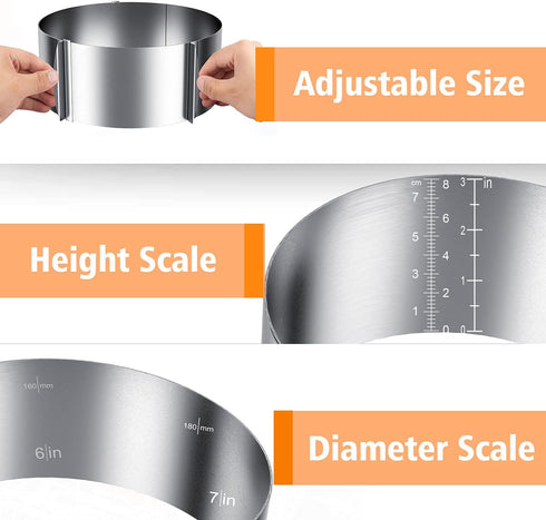 iNeibo Cake Ring, 6 to 12 Inch Adjustable Cake Mousse Mould Set, Stainless Steel Pastry Ring for Baking