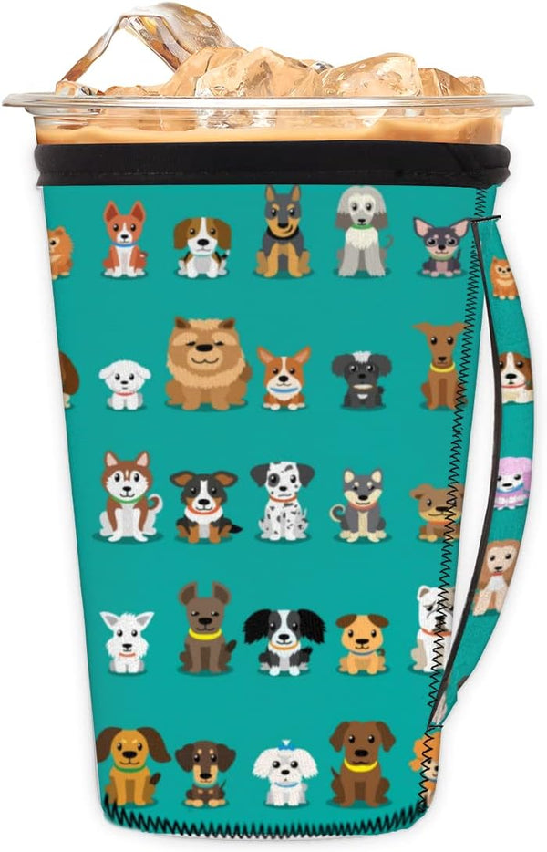 FengQuGou Animal Dogs Reusable Iced Coffee Cup Sleeve With Handle Neoprene Ice Insulator