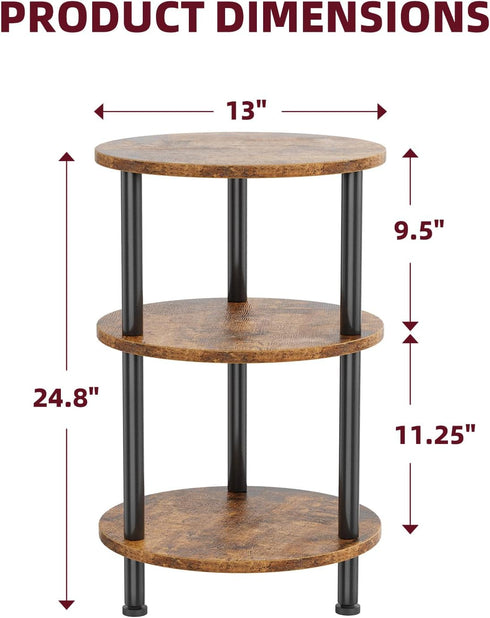 3 Simple Trending Side Table Living Room, Small Round End Table, Tiers Accent Table for Small Spaces, Rustic Brown