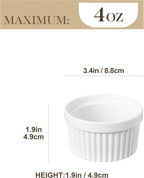 MALACASA Ramekins 4 oz Oven Safe, Porcelain Creme Brulee Ramekins Pudding Custard Cups Small Ceramic Souffle Dishes Ramakan Ramiken Ramicans Baking Bowls Set of 6, White, Series RAMEKIN-DISH by MALACASA