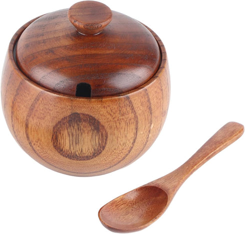 Hapivida Wooden Salt Box Spice Jar, Salt Cellar with Lid and Spoon, Seasoning Container Holder for Kitchen Serving