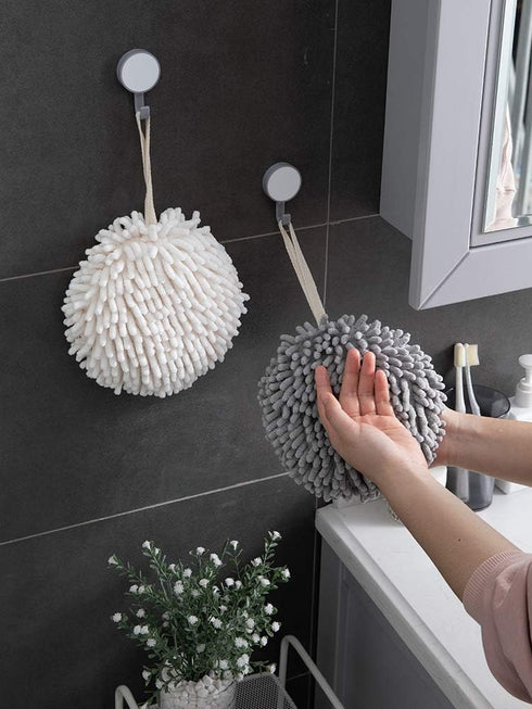 Sophie & Panda Fuzzy Ball Towel Set of 2 - White and Gray Bath Towels for Instant Drying