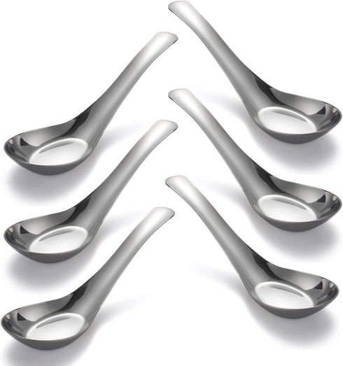 Stainless Steel Soup Spoons Set of 6 - Mirror Polished Asian Spoons for Bouillon, Dessert, Cereal