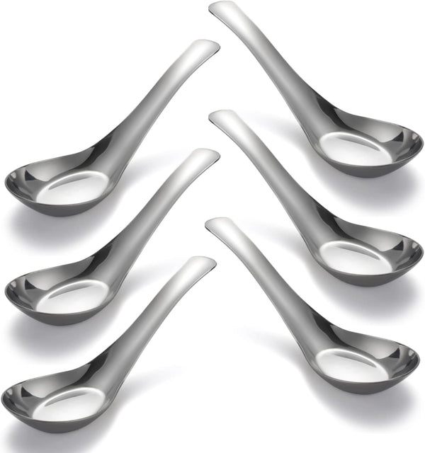 Stainless Steel Soup Spoons Set of 6 - Mirror Polished Asian Spoons for Bouillon, Dessert, Cereal