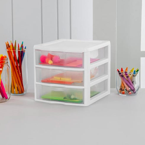 Sterilite Clearview Plastic Multipurpose Small 3 Drawer Desktop Storage Unit, White, 6 Pack