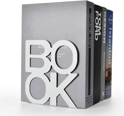 Decorative Metal Book Ends Heavy Duty Supports for Bookrack Desk with Unique Appearance Design (White)
