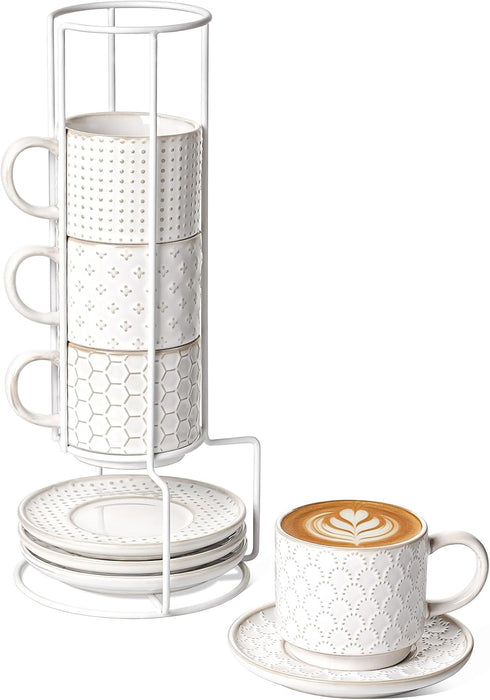 LE TAUCI 8 oz Stackable Latte Cups with Saucers and Stand, Set