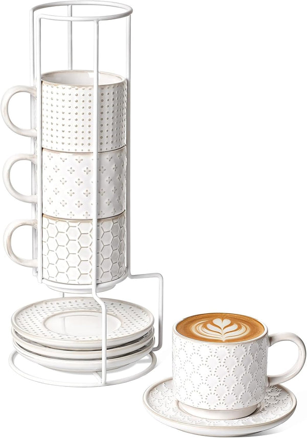 LE TAUCI 8 oz Stackable Latte Cups with Saucers and Stand, Set