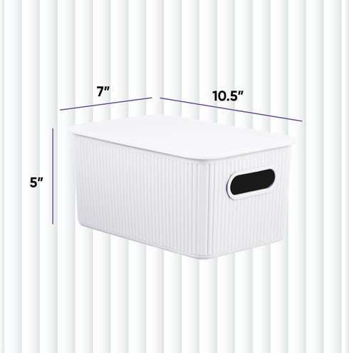 Superio Ribbed Collection - Decorative Plastic Lidded Home Storage Bins, Medium White (2 Pack)