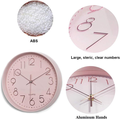 Maxspace Pink Silent Non-Ticking Wall Clock, 12in Battery Operated Analog Decorative Clock