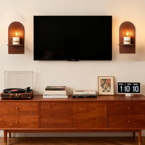 Set 2 Mid Century Modern Candle Sconces: of Walnut Boho Wall Candle Holder Decor for Living Room Fireplace - Arch