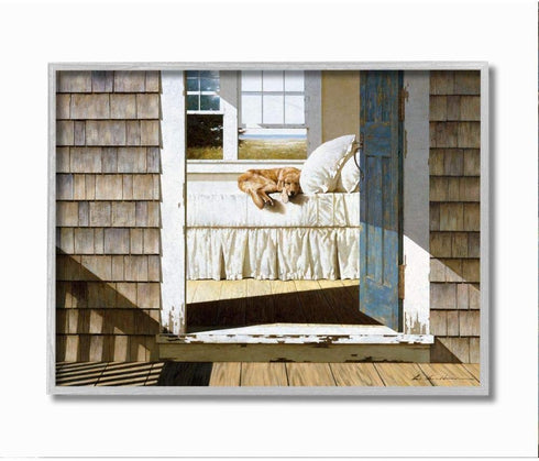 Stupell Industries Dog Nap at Cape House Painting - Realistic Coastal Art, 11x14, Grey Framed