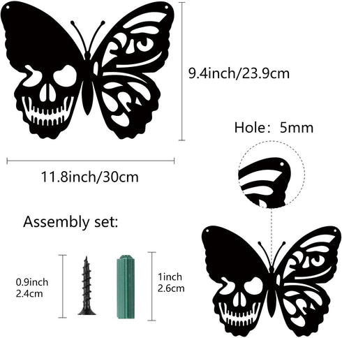 CREATCABIN Skull Butterfly Metal Wall Art Decor, Black Iron Sculpture for Indoor Outdoor Home Decoration