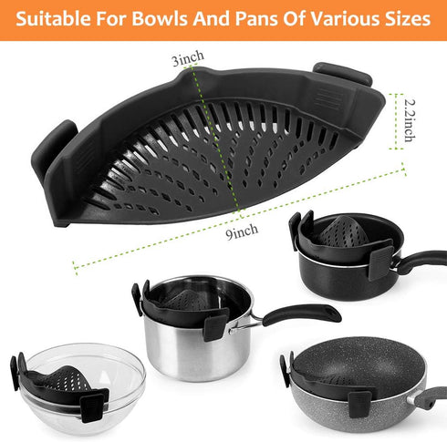 YEVIOR Clip on Strainer for Pots, Hands-Free Silicone Food Strainer for Pasta, Fits All Bowls and Pots (Black)