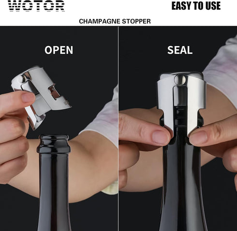 Champagne Stoppers with Stainless Steel Bottle Stopper, Food Grade Silicone Reusable Cork for Champagne, 2-Pack (Silver)