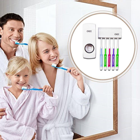 Olet Automatic Toothpaste Dispenser | Toothpaste Squeezing and Tooth Brush Holder Set (5 Brushes) | White