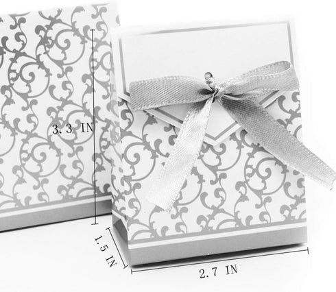 KUPOO 50PCS Candy Boxes - Silver Ribbon Wedding Favor Boxes for Party Decoration, Easter