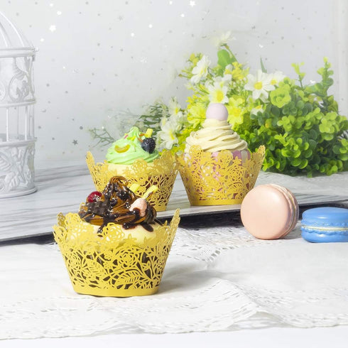 60pcs Gold Rose Lace Cupcake Wrappers, Laser Cut Decorative Liners for Wedding, Party, Birthday Cake Decoration
