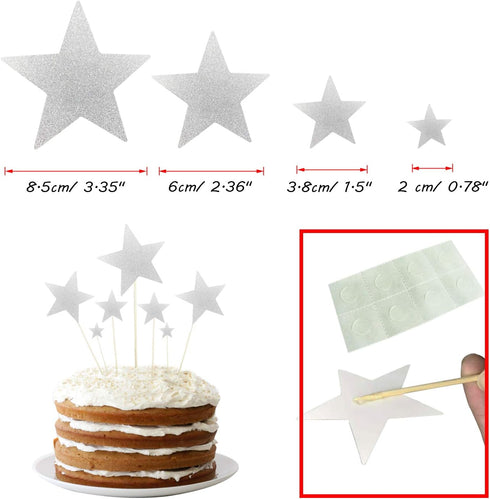 Allazone 1 PCS 'HAPPY BIRTHDAY' Cake Topper & 7 PCS Pentacle Stars Cake Toppers Decoration, Silver