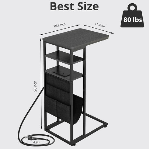 28"(H) 3-Tier C Shaped End Table with Charging Station, C Table with Storage Bag, Under Couch Table C-Shaped End Table