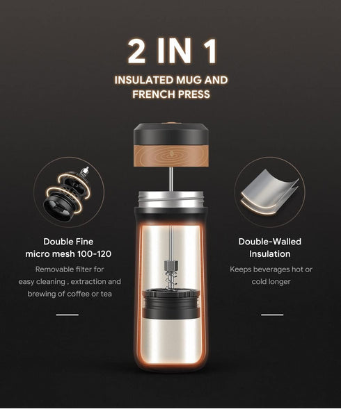 BENFUCHEN Portable 320ML French Press Coffee Maker, Vacuum Insulated Bottle with Unique Filter for Camping