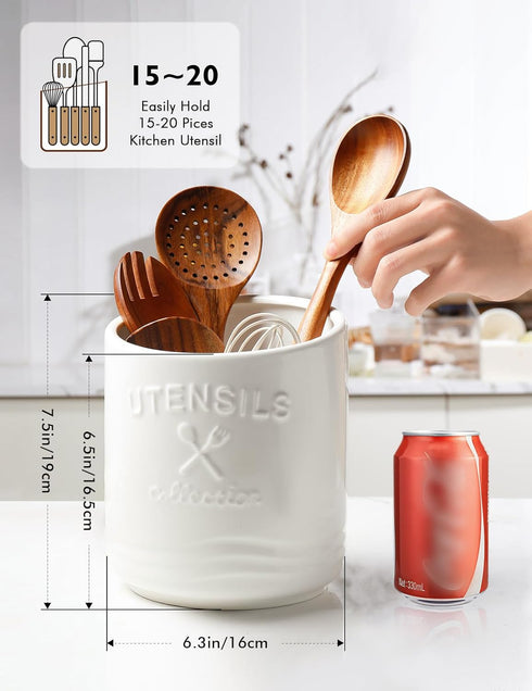 AISBUGUR Large Ceramic Utensil Holder 7.5" H×6.3" W with Slanted Mouth - Utensil Crock with Non-Slip Cork Base for Kitchen Counter, Ideal for Decor & Gift, White