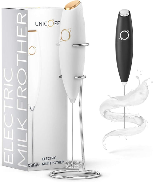 White Milk Frother - Handheld Coffee Frother with Electric Whisk, 19000 rpm, Book Recipes and Stainless Steel Stand