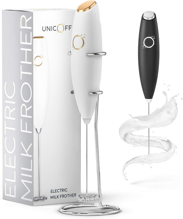 White Milk Frother - Handheld Coffee Frother with Electric Whisk, 19000 rpm, Book Recipes and Stainless Steel Stand