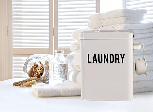 9 Inch LA JOLIE MUSE Laundry Detergent Powder Storage Tin Box, Farmhouse Laundry Room Decor, High, Cream