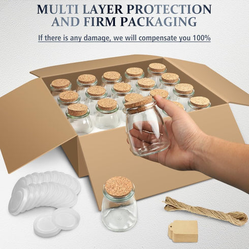7oz 20 Pack Folinstall Small Glass Jars with Cork Lids, Yogurt Container with PE Lids for Candy, Cake, Pudding, Yogurt