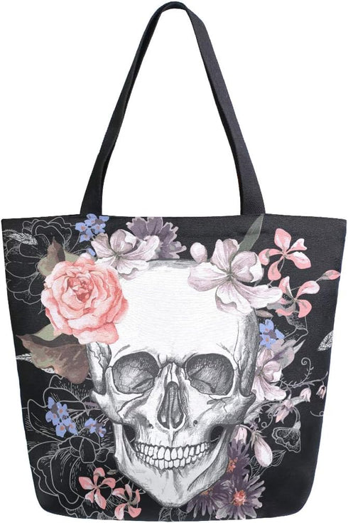 Naanle Day of The Dead Canvas Tote Bag - Large Floral Skull Reusable Cotton Handbag for Shopping, Outdoors