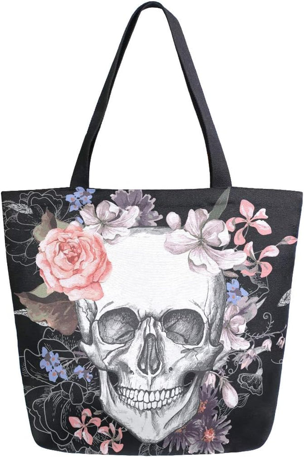 Naanle Day of The Dead Canvas Tote Bag - Large Floral Skull Reusable Cotton Handbag for Shopping, Outdoors