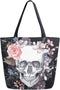 Naanle Day of The Dead Canvas Tote Bag - Large Floral Skull Reusable Cotton Handbag for Shopping, Outdoors