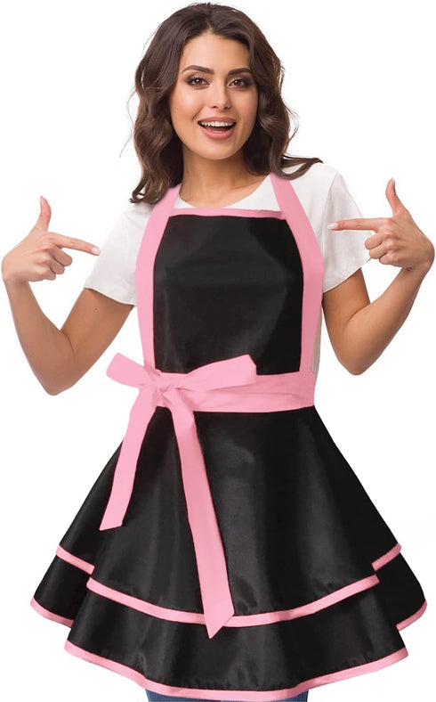 Cute Lovely Retro Aprons for Women, Vintage 50s Black Pink Cooking Kitchen Ruffle Apron