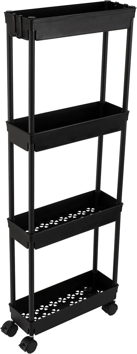 Sooyee 4 Tier Slim Storage Cart, Rolling Narrow Shelf Organizer for Kitchen, Bathroom, Laundry Room - Black