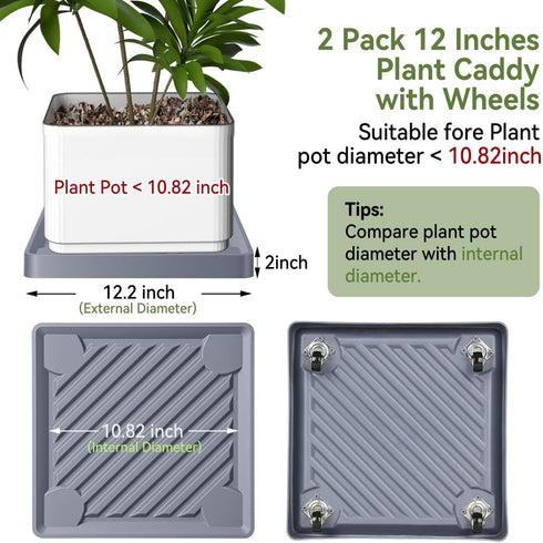 UoeRing 2 Pack-Square 12 Inch $9.9 Plant Caddy with Hidden Wheels Heavy Duty Rolling Plant Stands Indoor Outdoor Plant