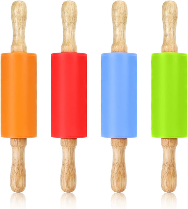 4 Pack Mini Rolling Pin for Kids, 9 Inch Wooden Handle Non-Stick Silicone Rolling Pins for Children Cake Baking