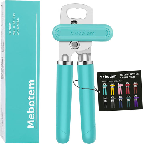 Manual Can Opener, 10 Colors, Heavy Duty Handheld Stainless Steel, Smooth Edge, Easy Turn Knob, Aqua Sky
