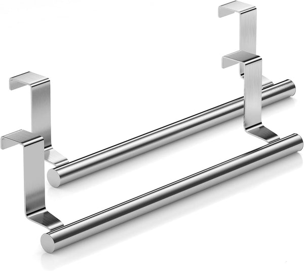 Stainless Steel Over Door Towel Rack Bar Holders, 2 Pack for Universal Fit on Over Cabinet Doors (Silver)